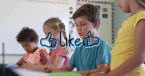 Writing kids sitting at table in class wearing bright shirts using pencils papers blue-like overlay
