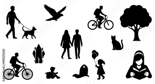 Lifestyle Silhouette Collection Nature Human Activity Vector Illustration Set