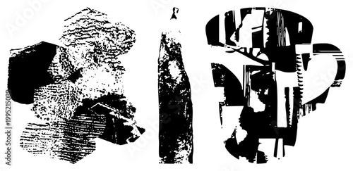 Stylized graphic elements featuring fragmented shapes, halftone textures, and glyph style forms ideal for experimental design, collage art, or digital.