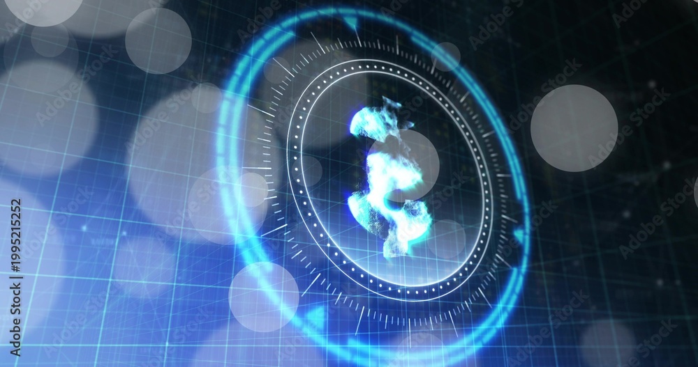 Fototapeta premium Rotating HUD rings framing glowing blue plasma hologram over gridded plane with bokeh discs, ticks