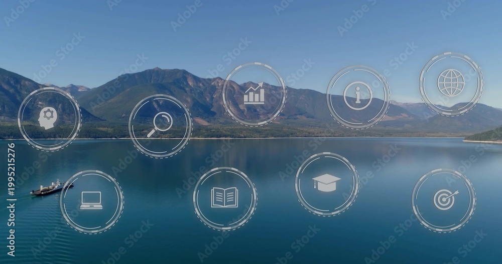 Fototapeta premium Showing calm blue lake mirroring mountains at lakeside, with motorboat wake and UI icons