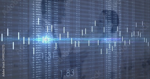 Displaying candlestick financial chart overlay glowing on digital dashboard, showing columns 1