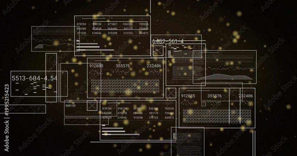 Naklejka premium Displaying composite digital dashboard floating in dark starry void, with panels, charts, waveforms