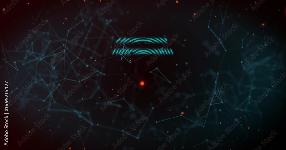 Fototapeta premium Pulsing central red node drawing teal mesh across deep blue-black digital space, with orange sparks