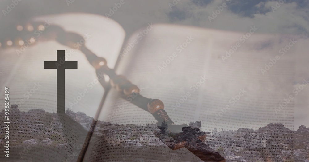 Fototapeta premium Displaying open religious book with wooden rosary and crucifix lying on surface, rocky ridge cross