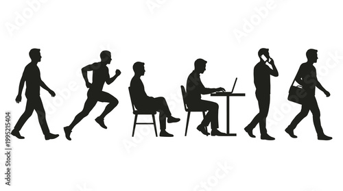 Evolution of Man Silhouettes: Walking, Running, Sitting, Working, Talking, Carrying Bag