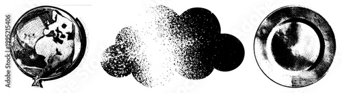 Stippled globe, dotted cloud, halftone fedora retro dotwork for print, web UI, vintage layouts. Alt dot matrix, rasterized symbols.