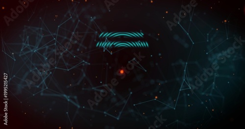 Pulsing central red node drawing teal mesh across deep blue-black digital space, with orange sparks