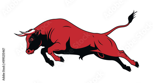 Powerful Red Bull Charging Forward on White Background