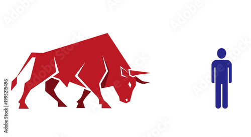 Red bull charging towards a small blue man silhouette, concept of overcoming challenges