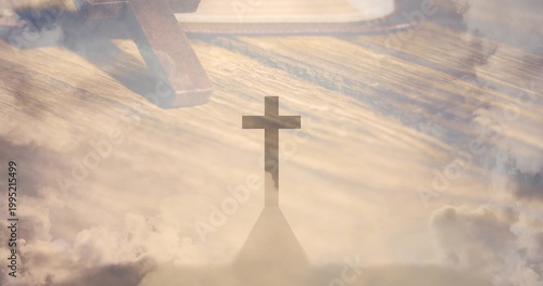 Displaying dark Latin cross silhouette overlaying sunlit wooden altar and cloud field, with pew leg