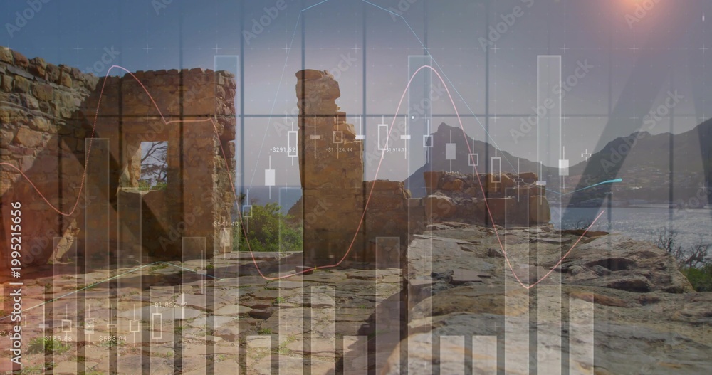 Fototapeta premium Displaying weathered stone ruins sitting on rocky terrace overlooking sea, with translucent graphs