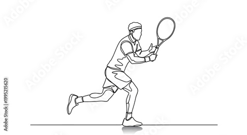 Continuous line drawing of a male tennis player in action, hitting a forehand shot.
