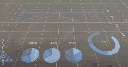 Projecting translucent data visuals across harbor port with grid plane line chart pie charts cranes