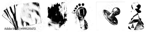 Grayscale graphic symbols including footprints, smeared ink blot, pacifier, geometric shapes ideal for print design or digital collage. stipple, rasterized glyphs.