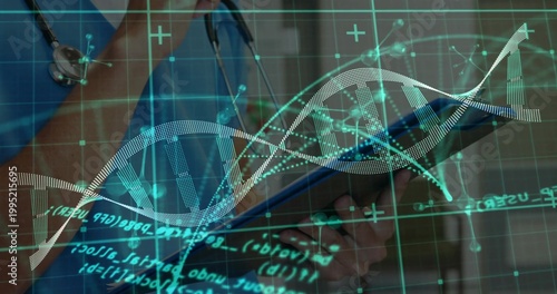 Holding tablet, doctor in scrubs examining medical data at hospital with stethoscope, DNA overlay