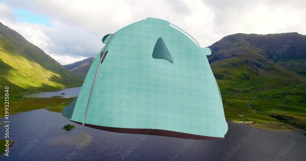 Fototapeta premium Hovering teal tentlike 3D structure casting shadow over mountain lake in valley, with vents