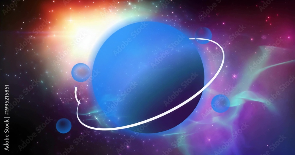 Fototapeta premium Displaying large blue planet glowing under rim lighting in deep space, bright ring and three moons