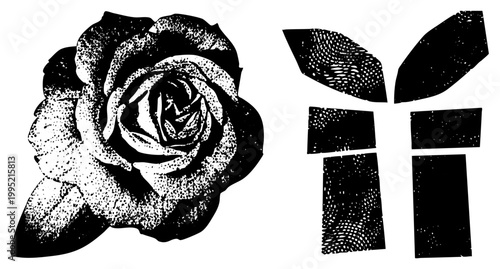 Stylized rose bloom with stippled texture, accompanied by fragmented geometric forms ideal for print design, tattoo art, or illustration.