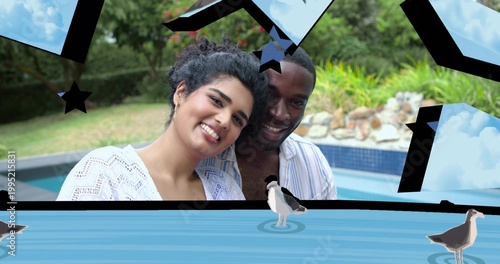Smiling couple leaning at poolside, wearing crochet cover-up and striped shirt, seagull overlays