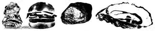 Distressed beverage can, stippled hamburger, geological specimen, bivalve mollusk stylized food and nature elements rendered in high contrast vector art with halftone and glyph aesthetics.
