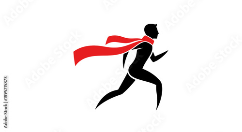 Silhouette of a runner with a flowing red scarf against a white background