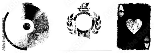 Vintage style graphic symbols featuring vinyl record, laurel wreath crown, and ace of card retro distressed design, halftone cutouts.