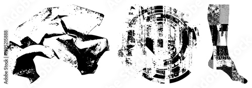 Stylized graphic composition with halftone texture, including draped textile form, cylindrical structure, and footwear element also called rasterized collage or stippled design.