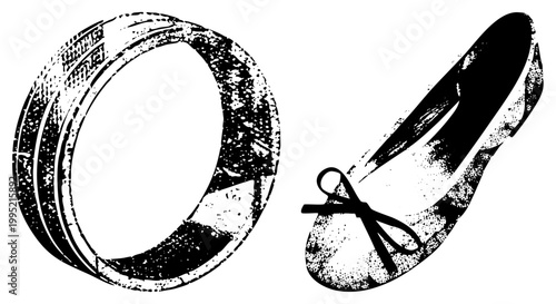 Vintage inspired bridal accessories set, including engagement band and dance shoe, ideal for wedding decor or romantic design themes.