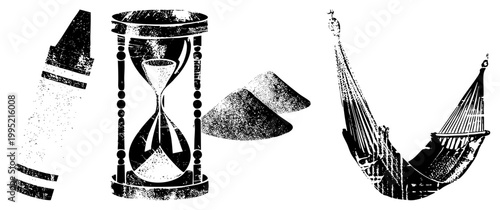 Vintage style sand timer, hourglass, timekeeping device, retro clock symbol, distressed print aesthetic, halftone illustration, grungy vector graphic.