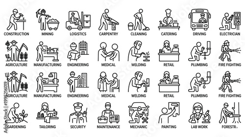 Diverse professions and worker occupations black and white line icon set collection.