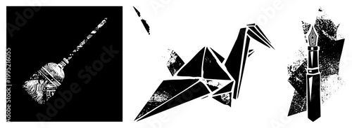 Black and white graphic trio broomstick, folded paper bird, ink nib pen stylized cutouts for design assets, illustration elements, or print.