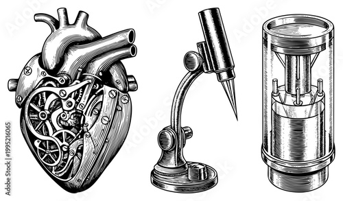 Anatomical heart fused with clockwork gears, biomechanical organ, vintage scientific instrument set, retro futuristic anatomy, engraving style artwork.