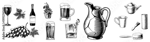Classic engraved drinkware set including wine goblet, beer steins, ceramic pitcher, and tea accessories vintage hatching style, retro beverage.