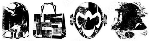 Stylized halftone graphics representing protective gear, retail, theatrical mask, and abstract human form also called stippled illustrations or rasterized silhouettes.