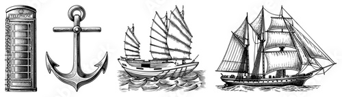 Engraved maritime symbols including ship hulls, seafaring vessels, anchor hardware, and classic British phone box nautical emblems for design or branding.