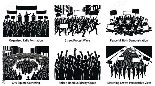Black and White Glyph Vector Illustrations of Social Protest  Demonstration Crowds