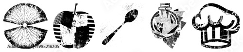 Distressed culinary symbols including citrus slice,, spoon, spice jar, chef hat vintage kitchen graphics, retro food illustrations, worn print style.