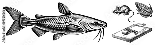 Illustrated catfish showing internal rib cage anatomy alongside rodent, maize ear, and snap trap also known as channel cat or siluriform fish in retro woodcut art.