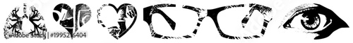 Stylized anatomical symbols rendered in halftone dot technique, medical graphics set, health related using stippled shading and silhouette forms.