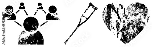 Distressed glyph symbols for community, disability aid, and emotional pain includes social graph, orthopedic support, fractured affection.