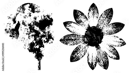 Stylized and arboreal cutouts rendered in halftone, grainy vector art ideal for tattoo, print, or collage design. Alternate distressed botanical illustrations.