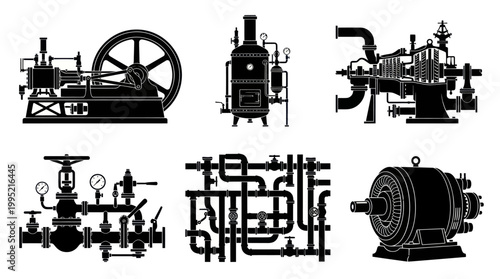 Vintage Industrial Machinery Silhouettes: Steam Engine, Boiler, Turbine, Generator