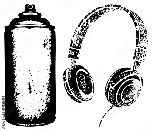 Urban street art set featuring aerosol paint can and headset, graffiti tool and music gear, urban culture symbols rendered in high contrast.