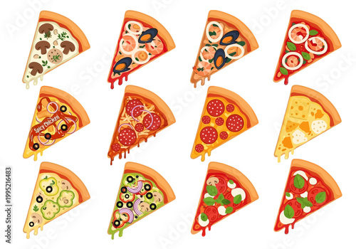 Collection of delicious vector pizza slices with various toppings and melted cheese