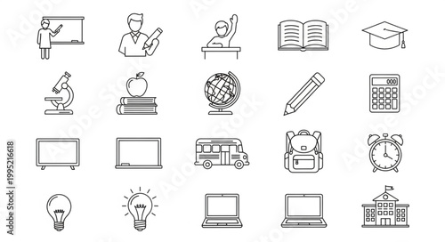 Collection of hand-drawn educational icons and symbols.