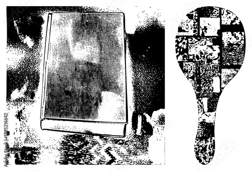 Grayscale halftone illustration of a hardcover book beside a decorative hand mirror, rendered in stippled dot, cutout style, isolated graphic.