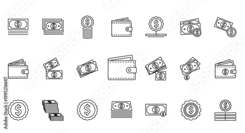 Collection of hand-drawn icons representing money and wallets.