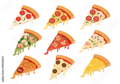 Delicious vector illustration of nine different slices of melty pizza
