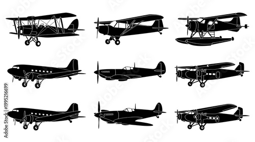 Black and white silhouette set of various historical airplanes